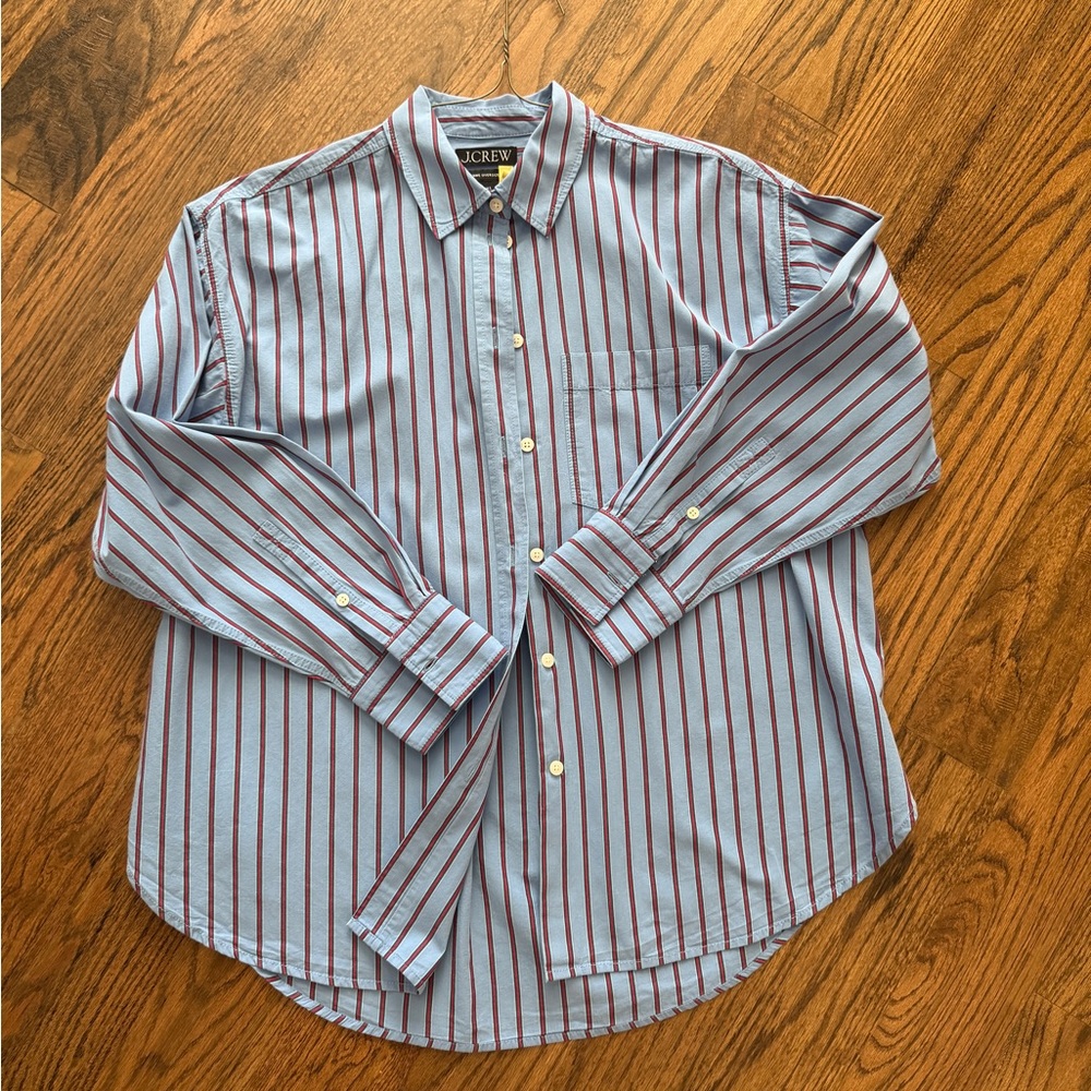 J. Crew Blue and Red Striped Etienne Overside Button Shirt XS Fall 2025